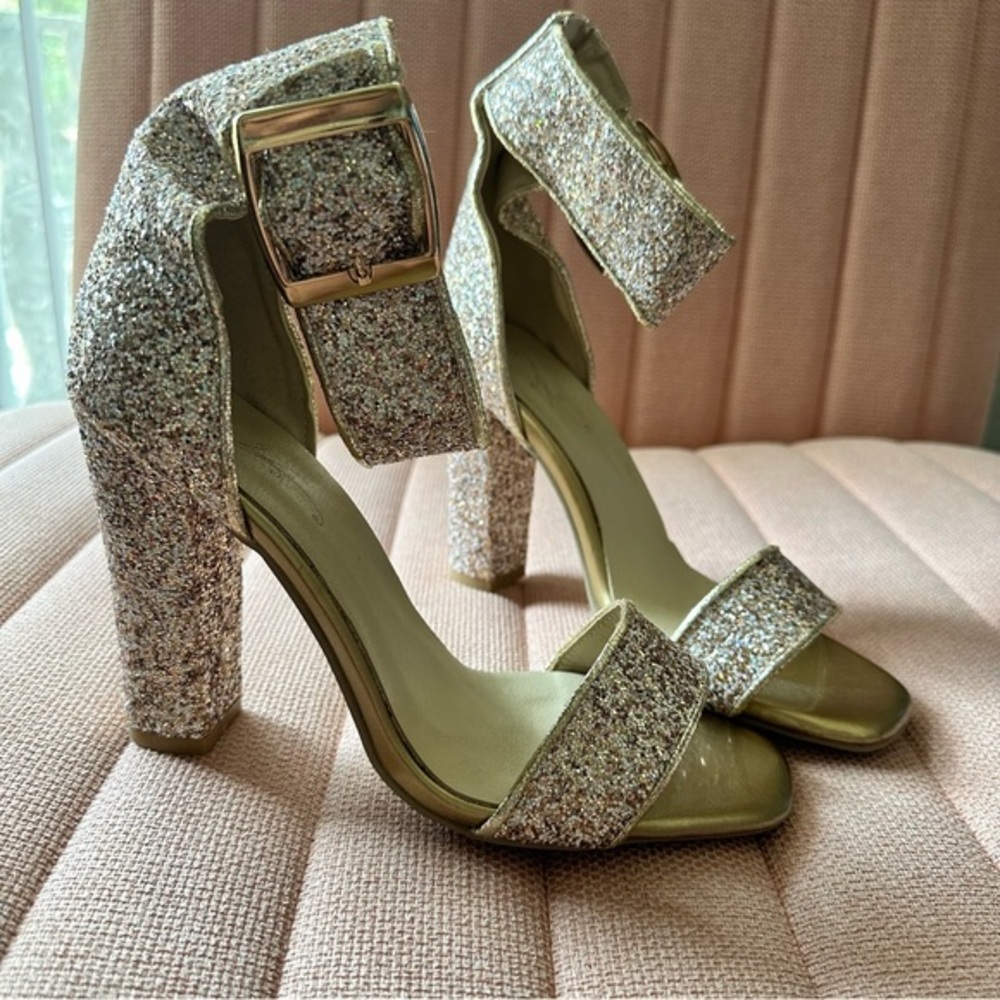 Pink Gold White Glitter Ankle Strap Heels | Size 40 (US 9.5-10)